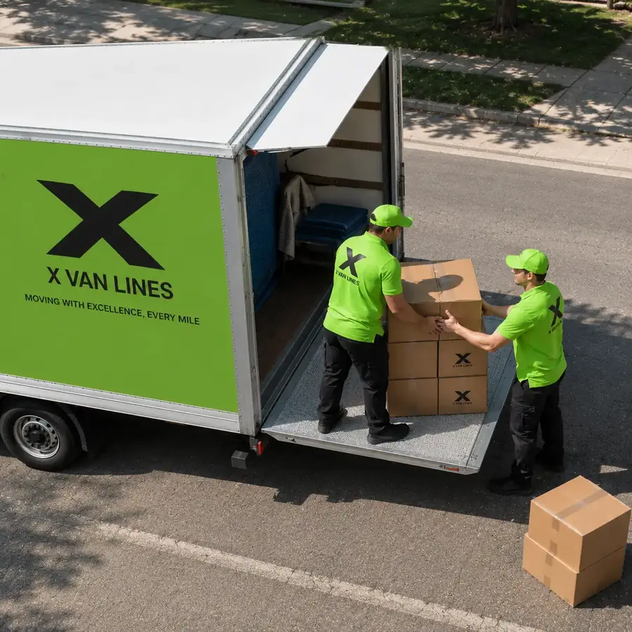 Two X Van Lines movers loading boxes into a branded truck