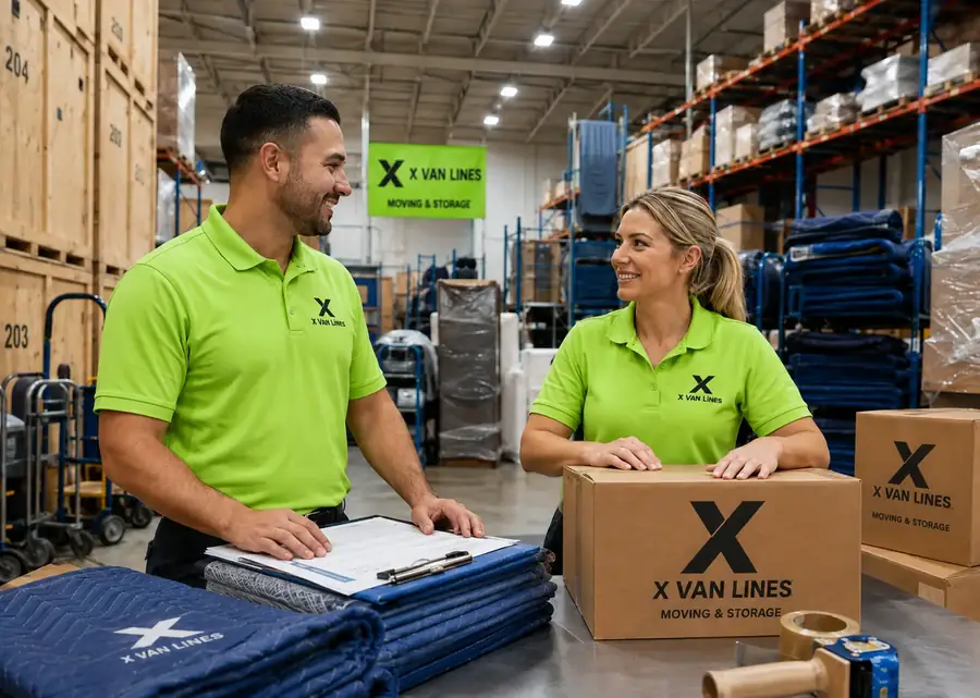 X Van Lines team in the storage warehouse